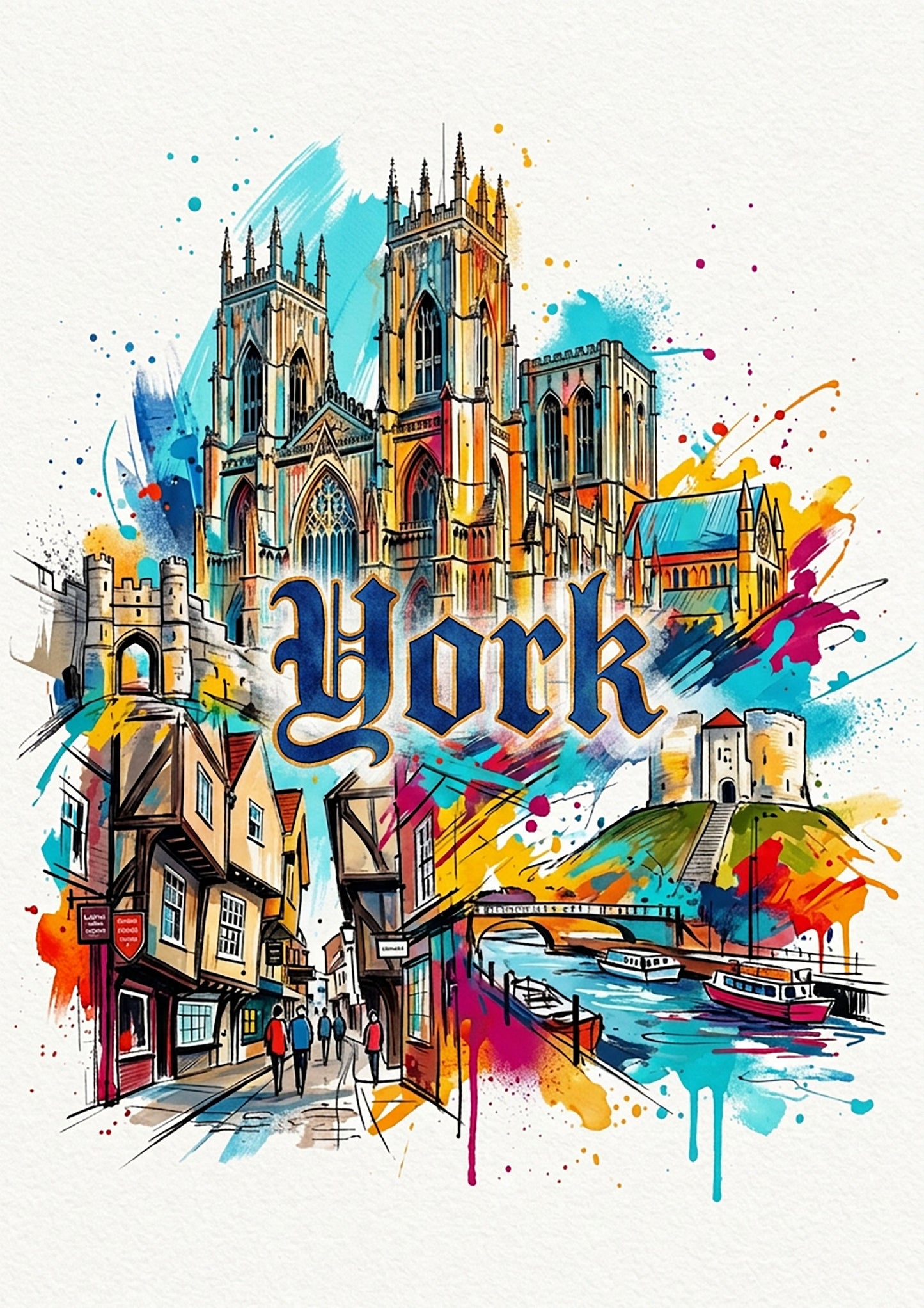 York colorful street and cathedral art print with splatter ink details