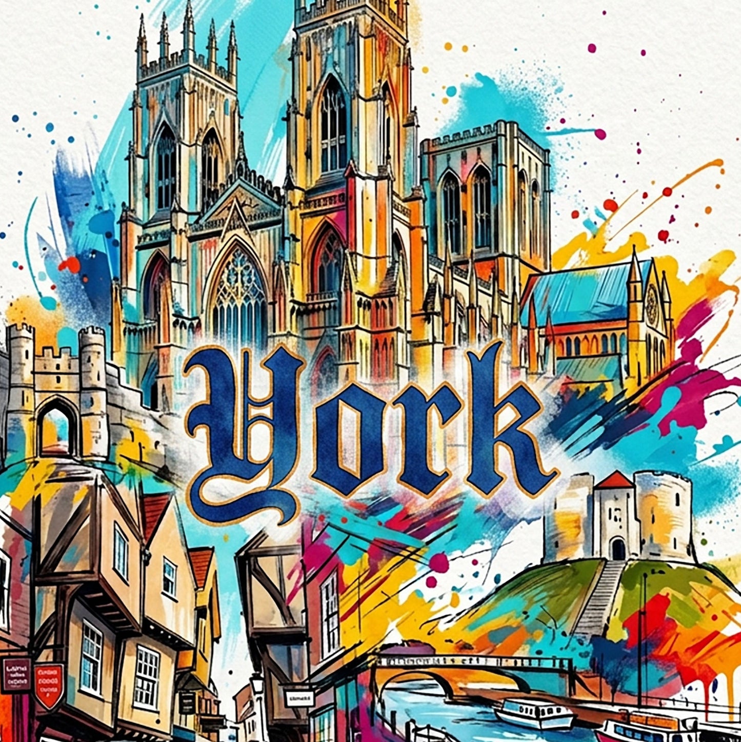 Close-up of York street and cathedral illustration art print with splash colors