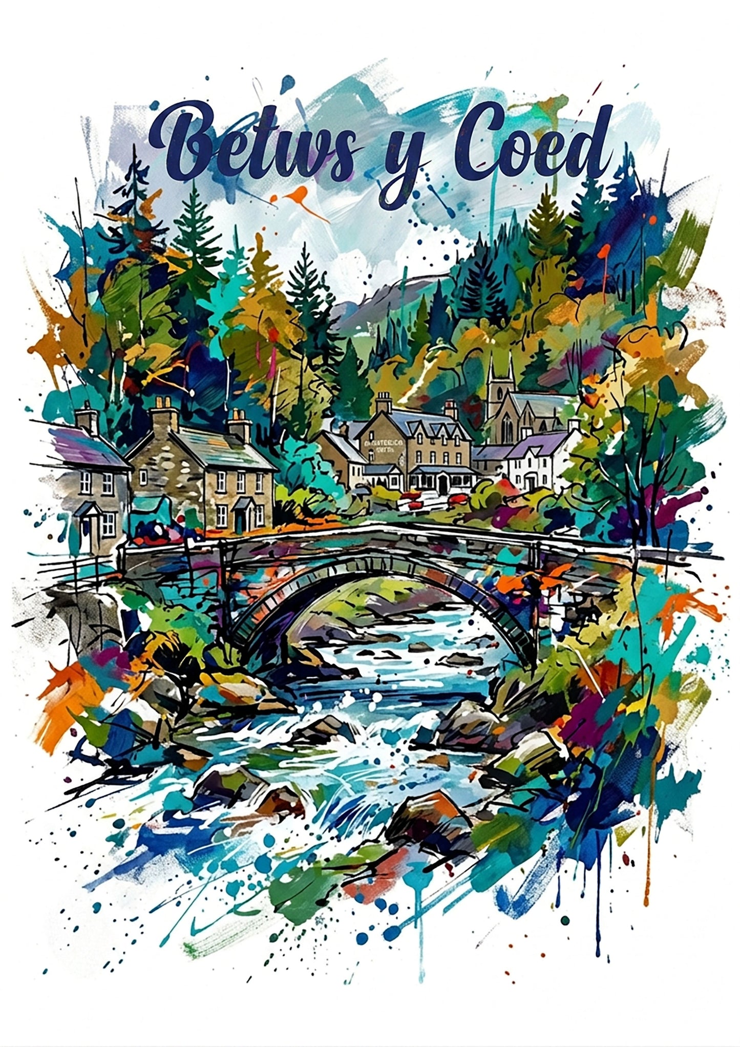 Colorful landscape art print of a stone bridge over a river with a village scene