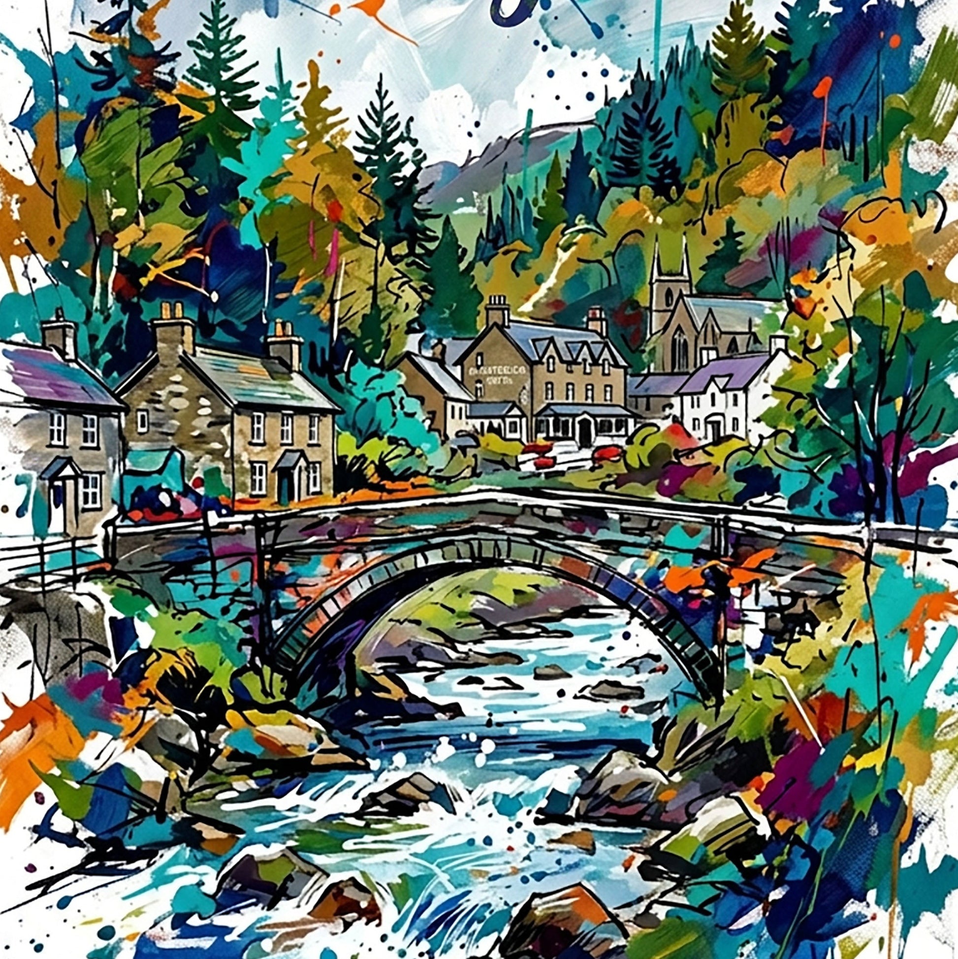 Close-up landscape art print of colorful stone bridge over a river in a village