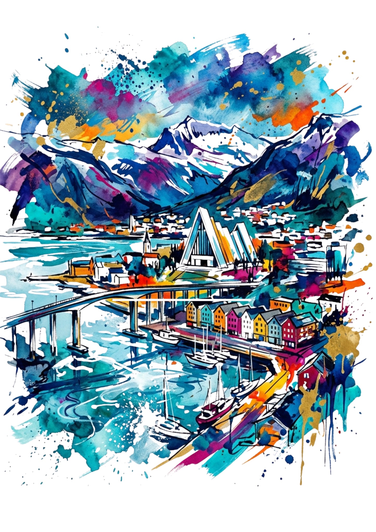 Tromsø Norway Art Print – Expressive Colourful Arctic Cityscape | Bella Leaf Studio