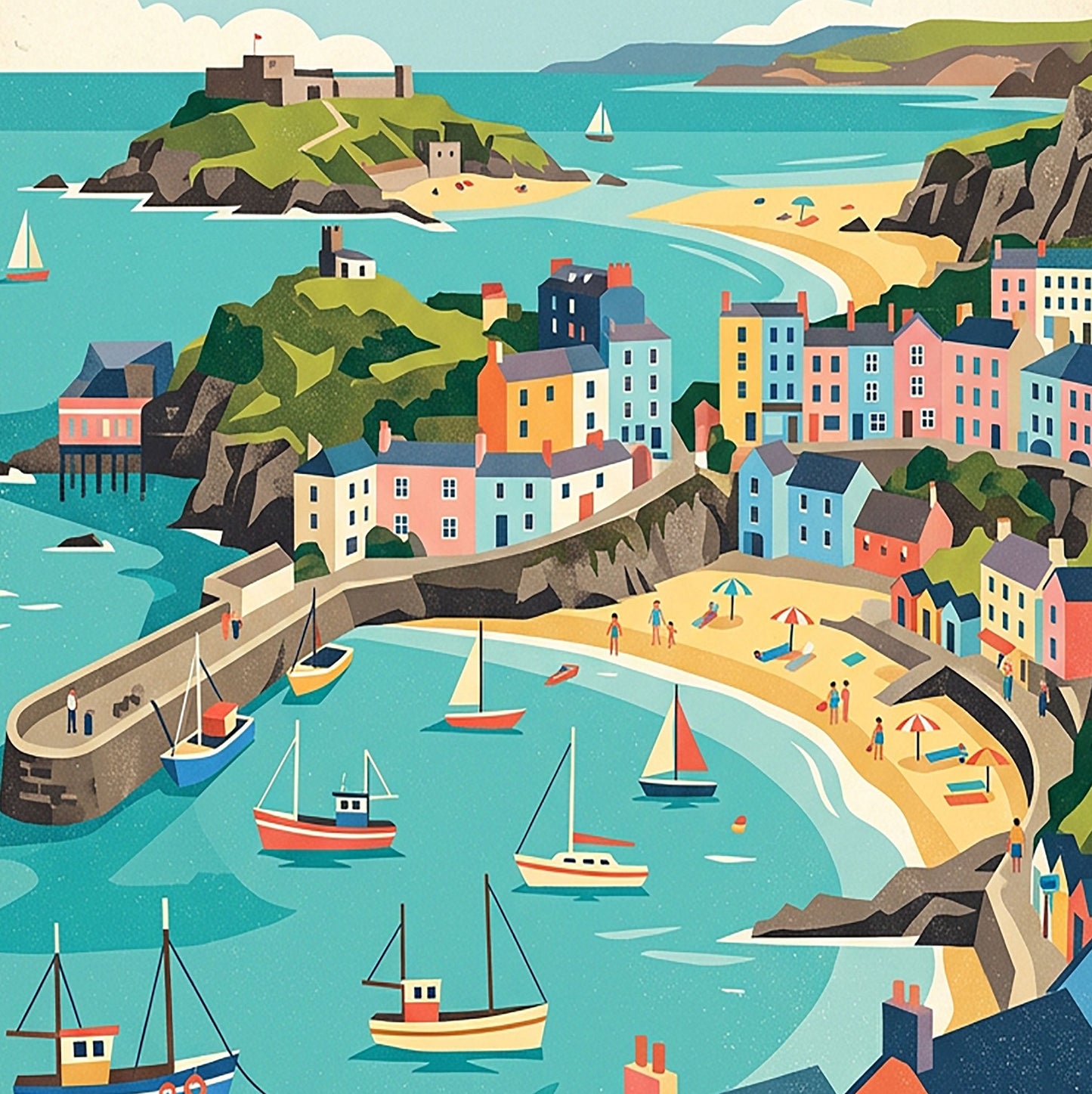 Tenby South Wales Art Print – Vintage‑Style Coastal Travel Poster