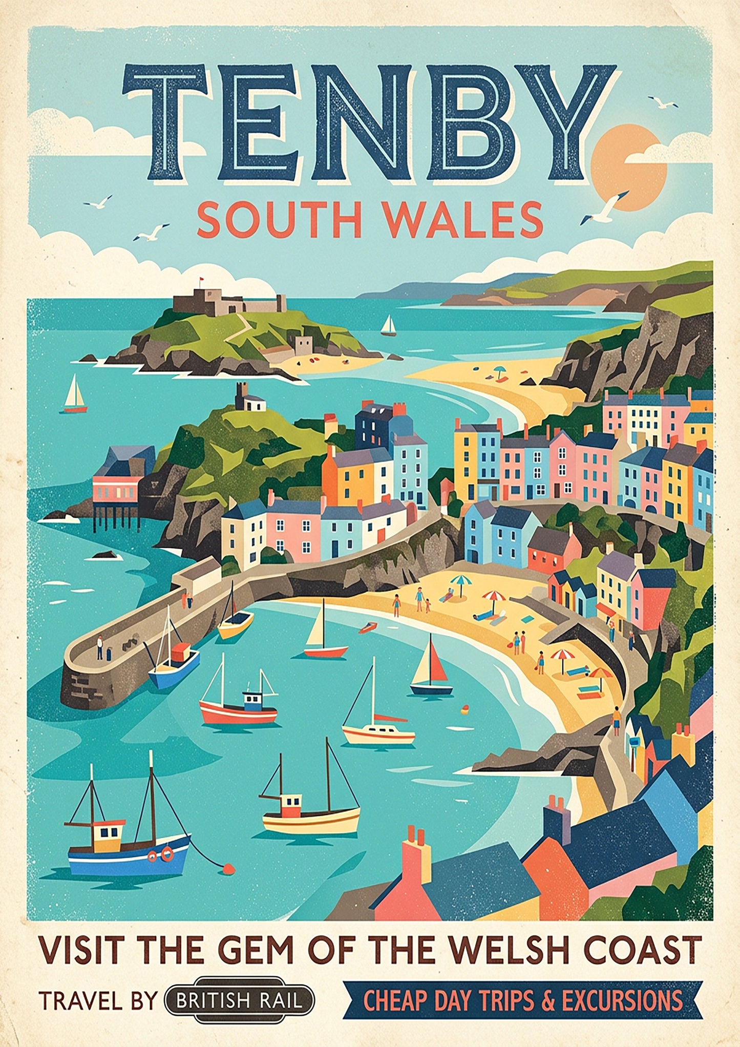 Tenby South Wales Art Print – Vintage‑Style Coastal Travel Poster