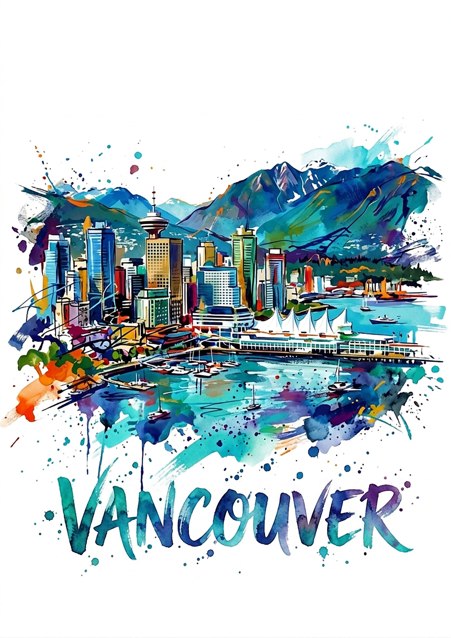 Vancouver cityscape art print with blue-green watercolor skyline, harbor boats, and VANCOUVER text