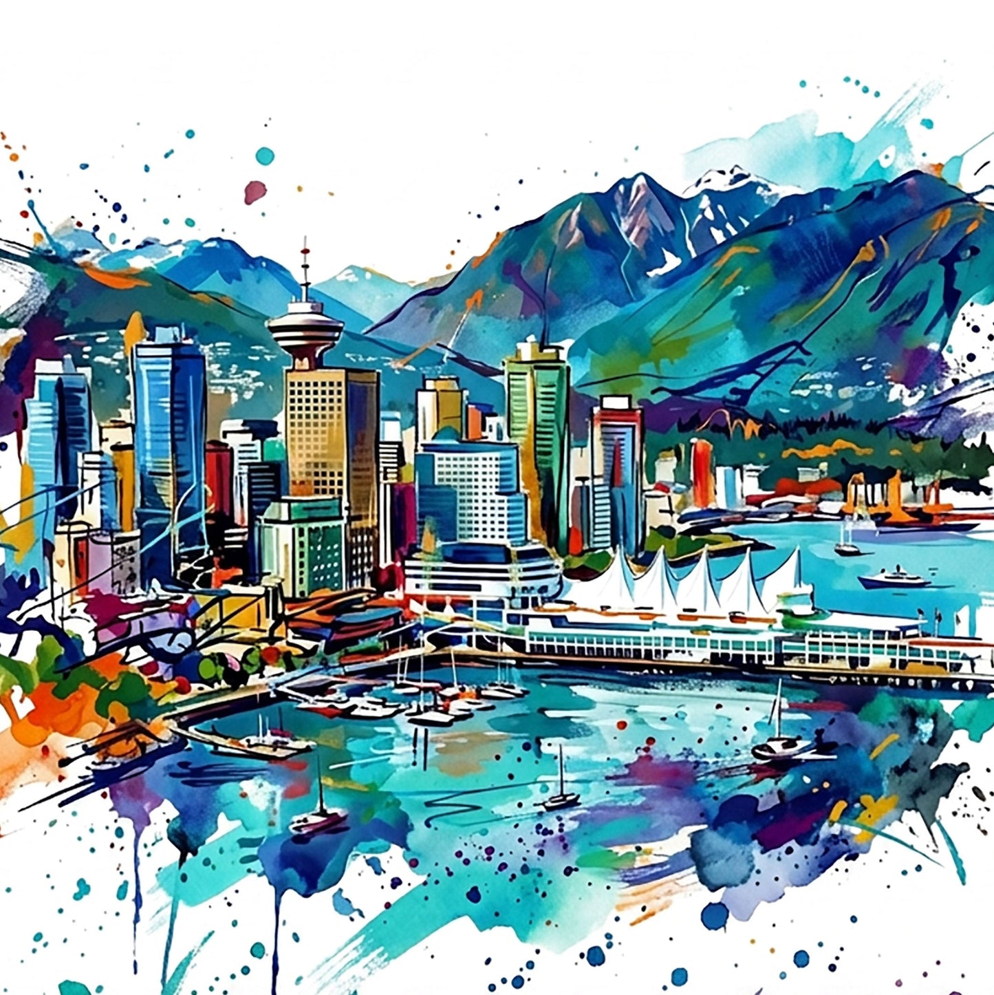 Colorful Vancouver cityscape illustration with harbor boats, skyline buildings, and mountain peaks