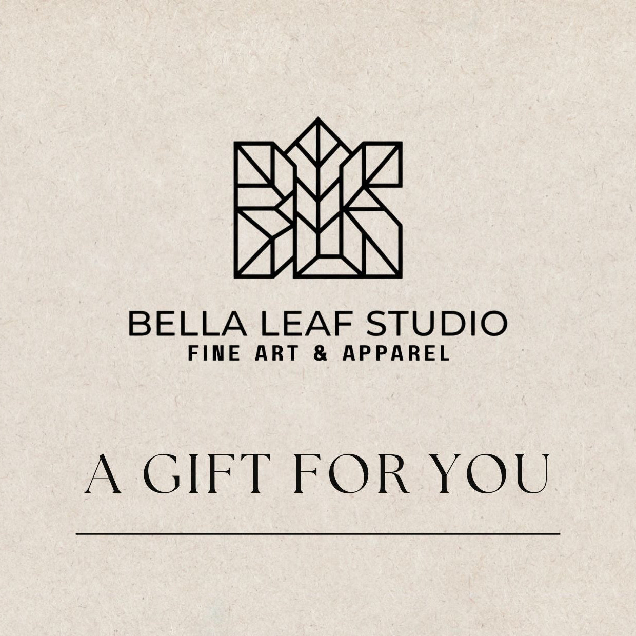 Bella Leaf Studio gift card with geometric logo and 'A Gift For You' text