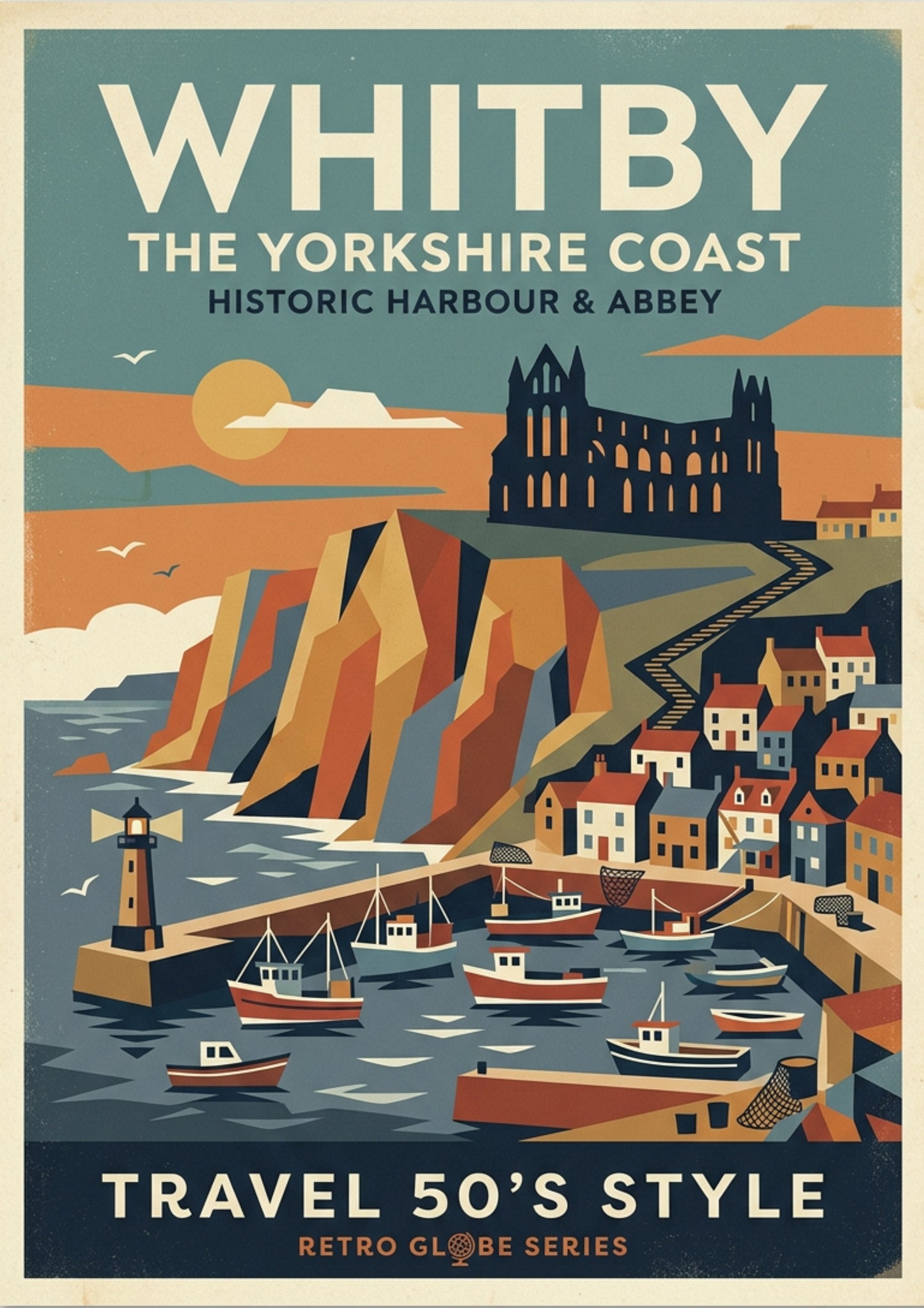 Whitby Retro Travel Print – Mid‑Century Yorkshire Coast Wall Art
