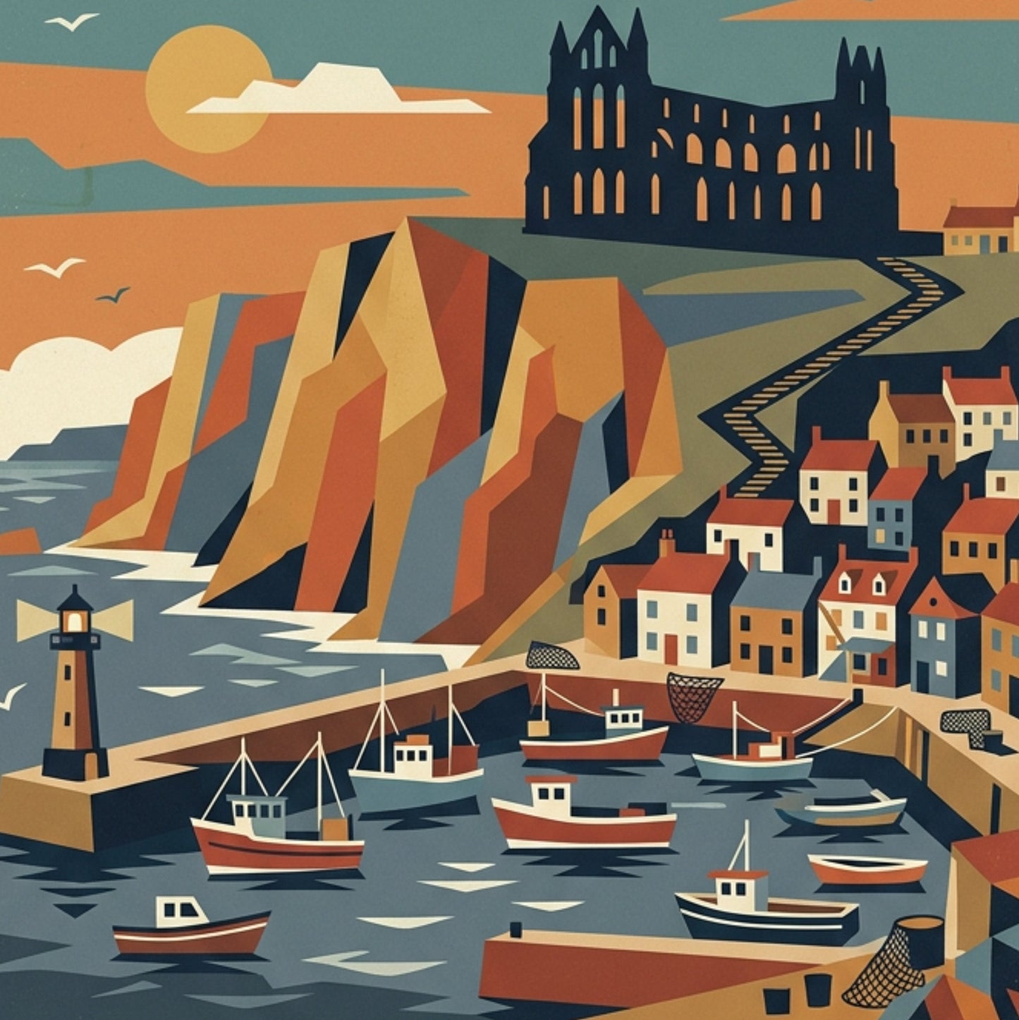 Whitby Retro Travel Print – Mid‑Century Yorkshire Coast Wall Art