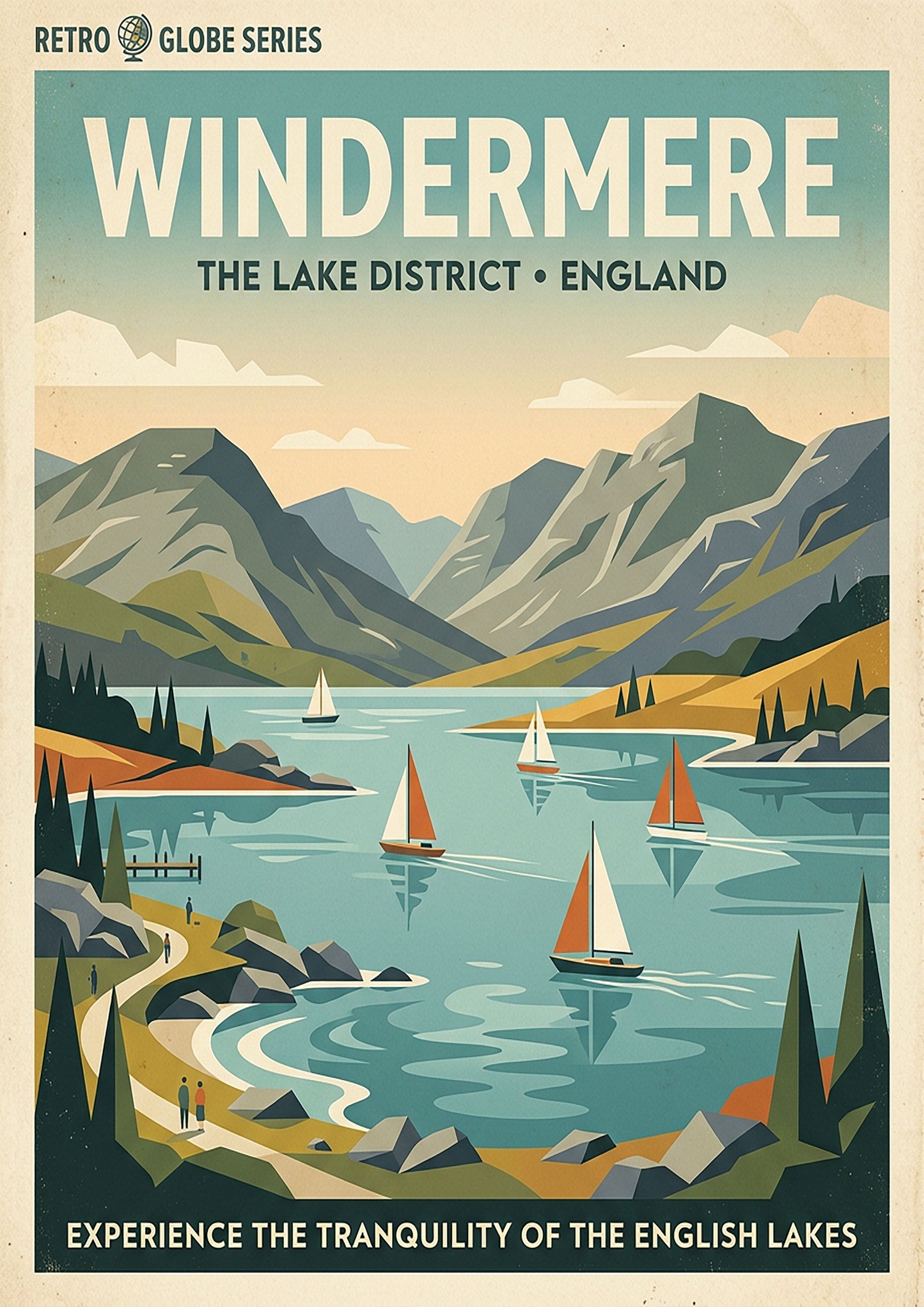 Windermere Retro Travel Print – Mid‑Century Lake District Wall Art