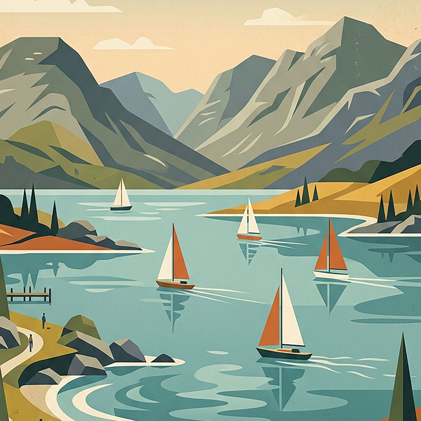 Windermere Retro Travel Print – Mid‑Century Lake District Wall Art