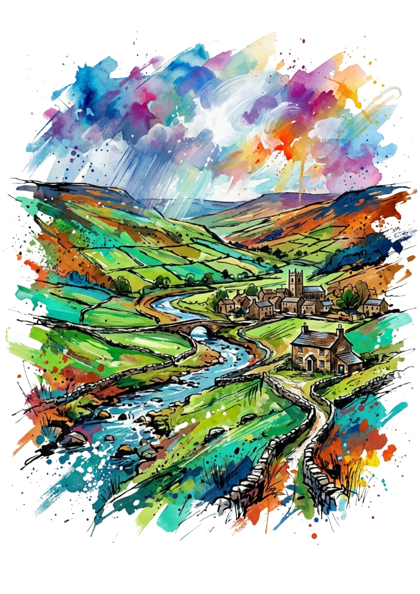 Yorkshire Dales Art Print – Expressive Colourful Countryside Landscape | Bella Leaf Studio