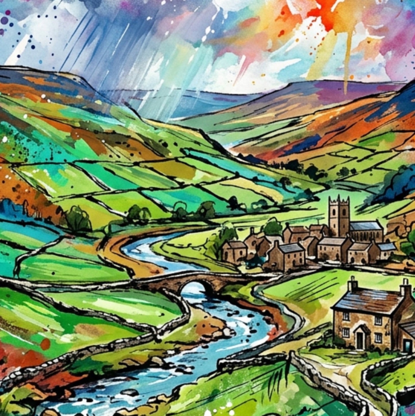 Yorkshire Dales Art Print – Expressive Colourful Countryside Landscape | Bella Leaf Studio