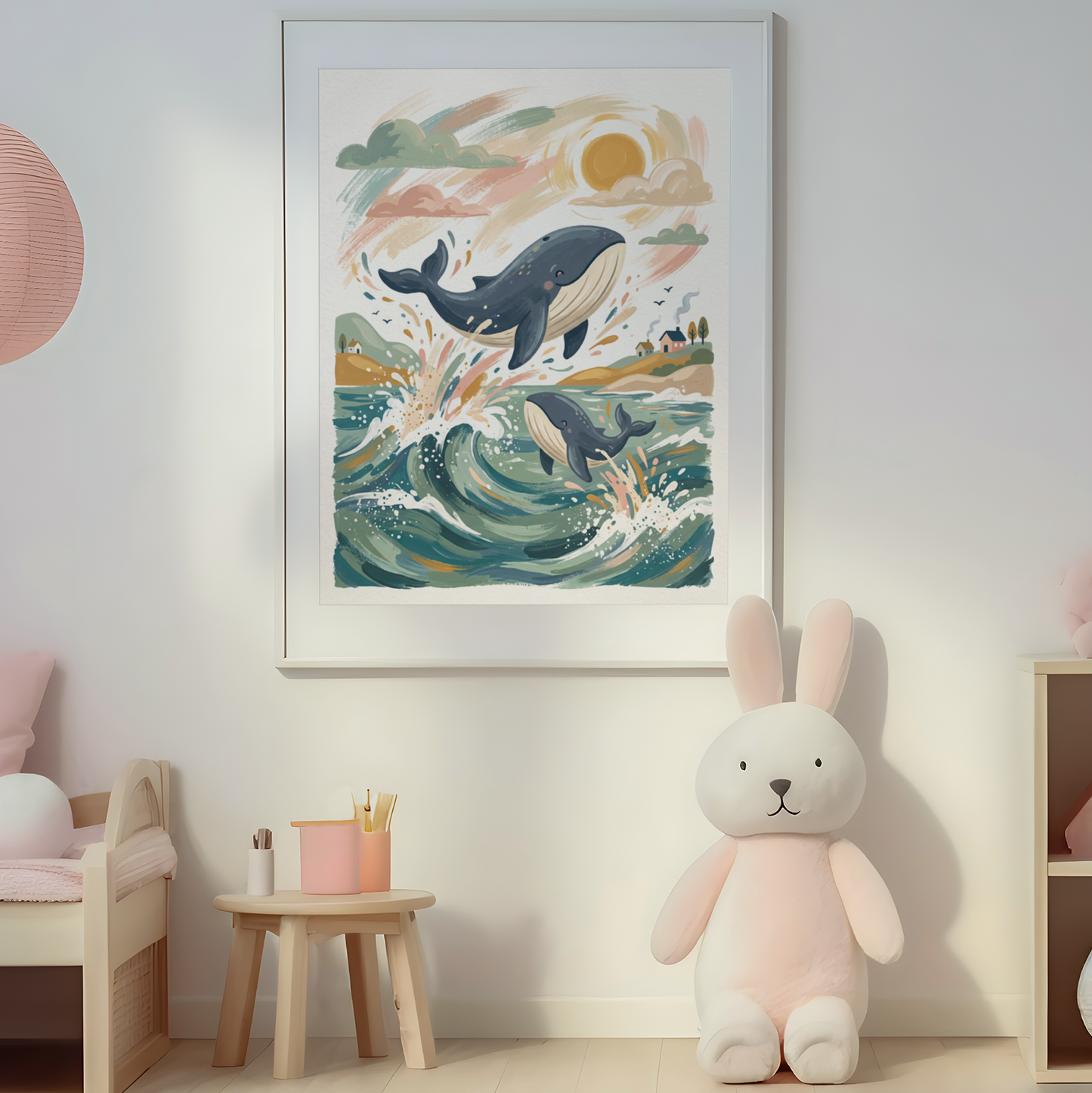 A framed art print featuring two orcas swimming in stylized waves under a warm sun, displayed on a light gray wall in a styled children's room with a pink bench, hanging lamp, and plush bunny.