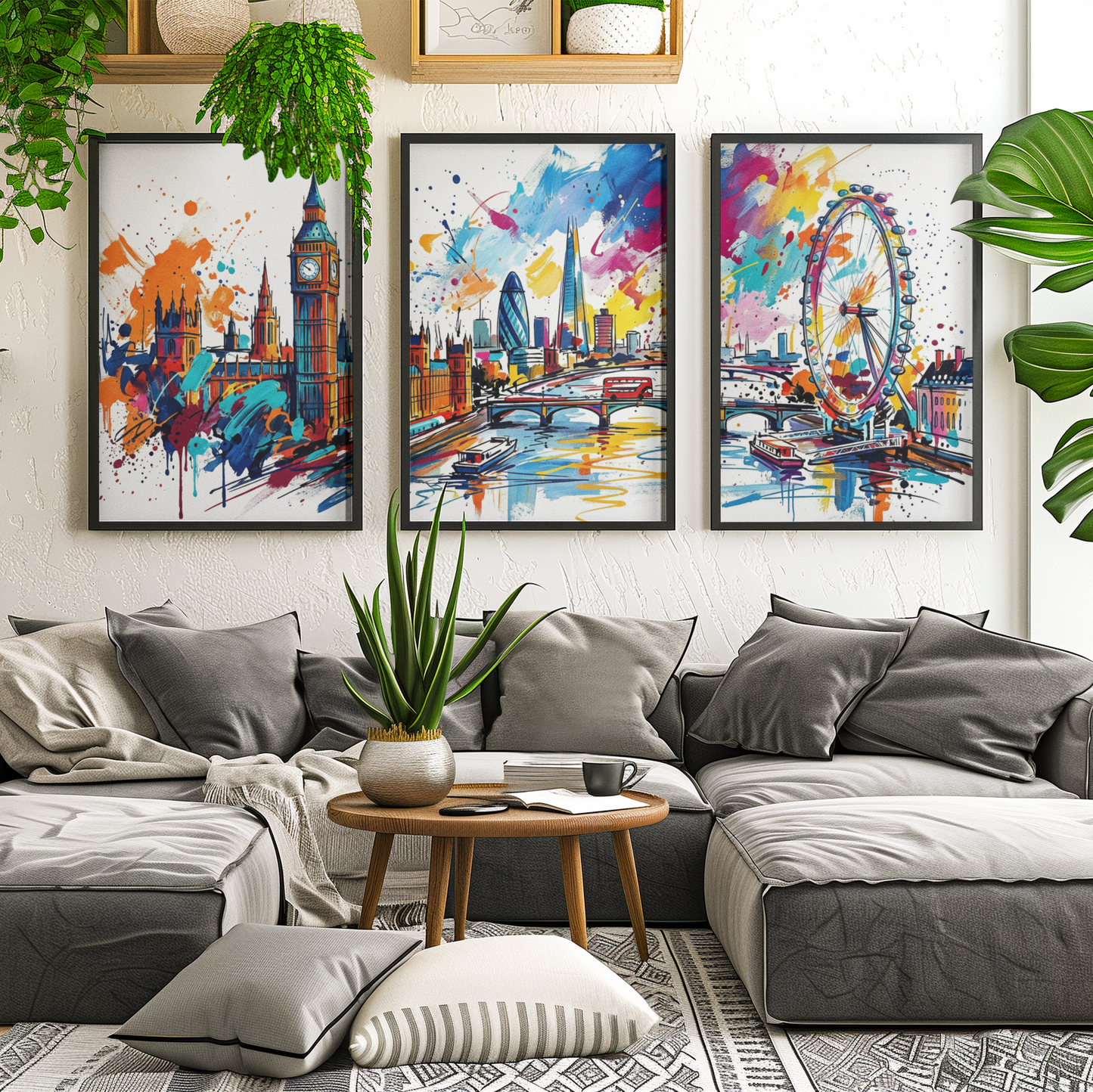 London Landmarks Triptych Art Print – One Image Across Three Panels | Modern Coloursplash Cityscape