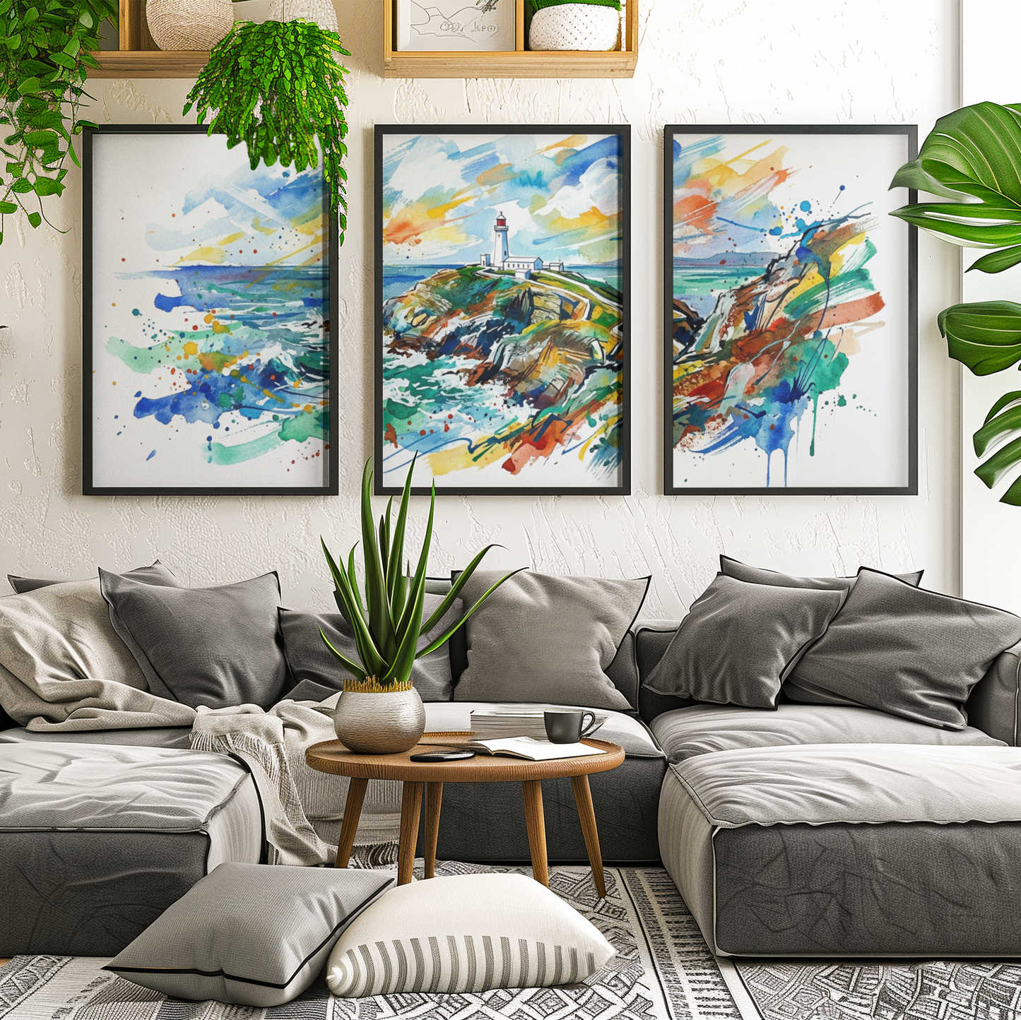 South Stack Lighthouse Triptych Art Print – One Image Across Three Panels | Modern Coloursplash Anglesey Coastline