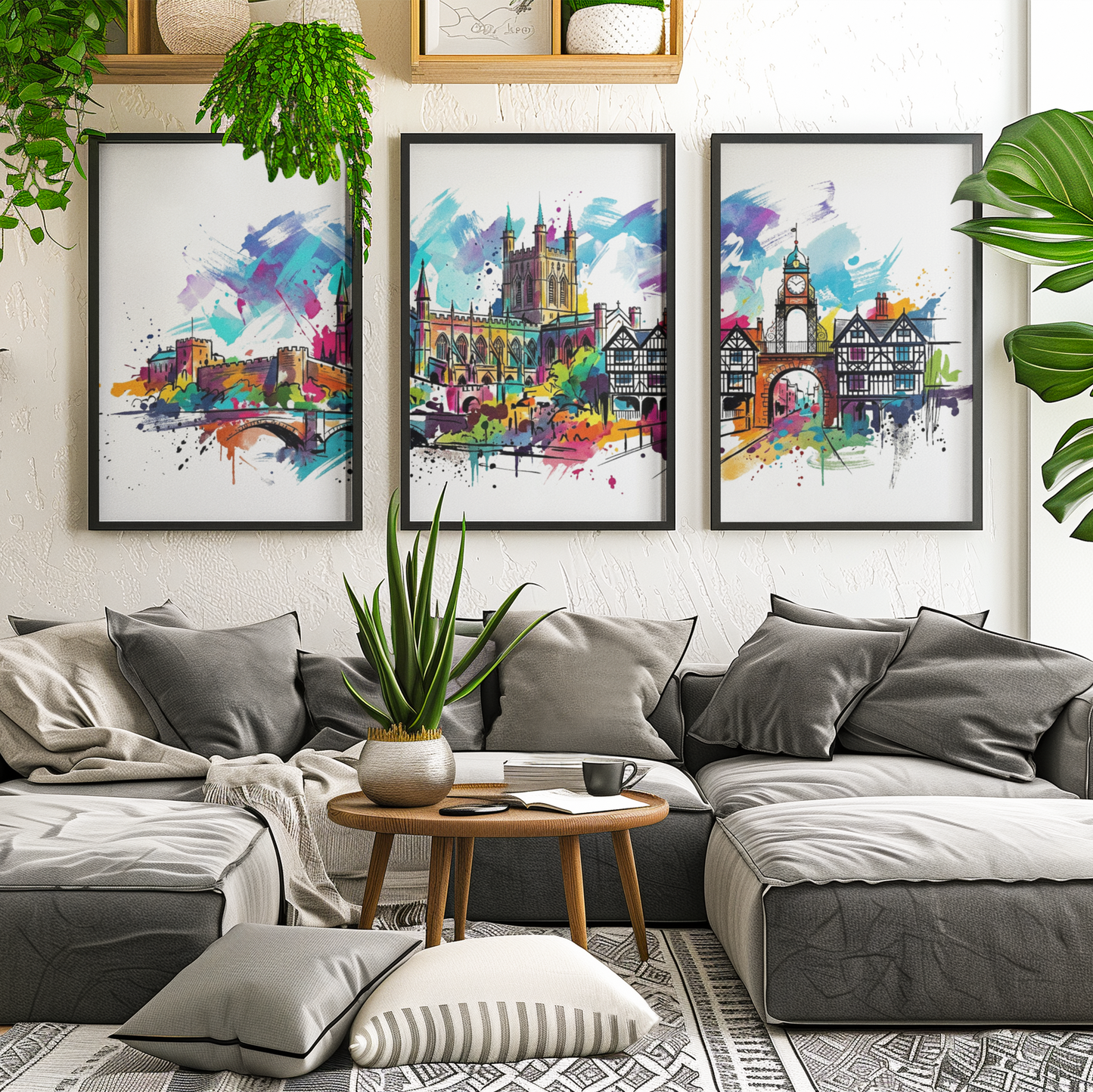 Chester Triptych Art Print – One Image Across Three Panels | Modern Coloursplash Historic Cityscape