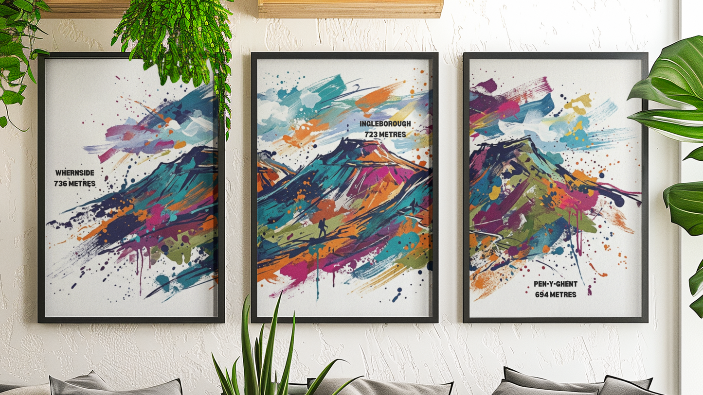 Yorkshire 3 Peaks Triptych Art Print – Whernside, Ingleborough & Pen‑y‑Ghent | Modern Coloursplash Landscape