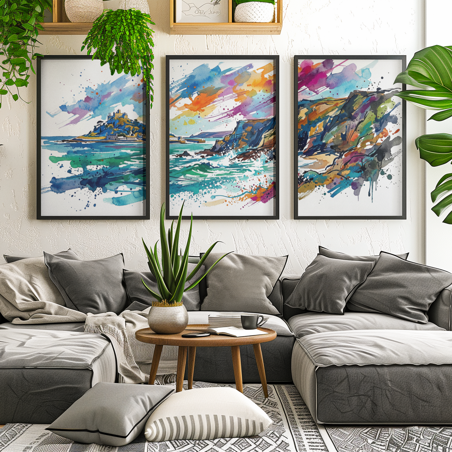 Cornish Coast Triptych Art Print with St Michael’s Mount – One Image Across Three Panels | Modern Coloursplash Cornwall Landscape