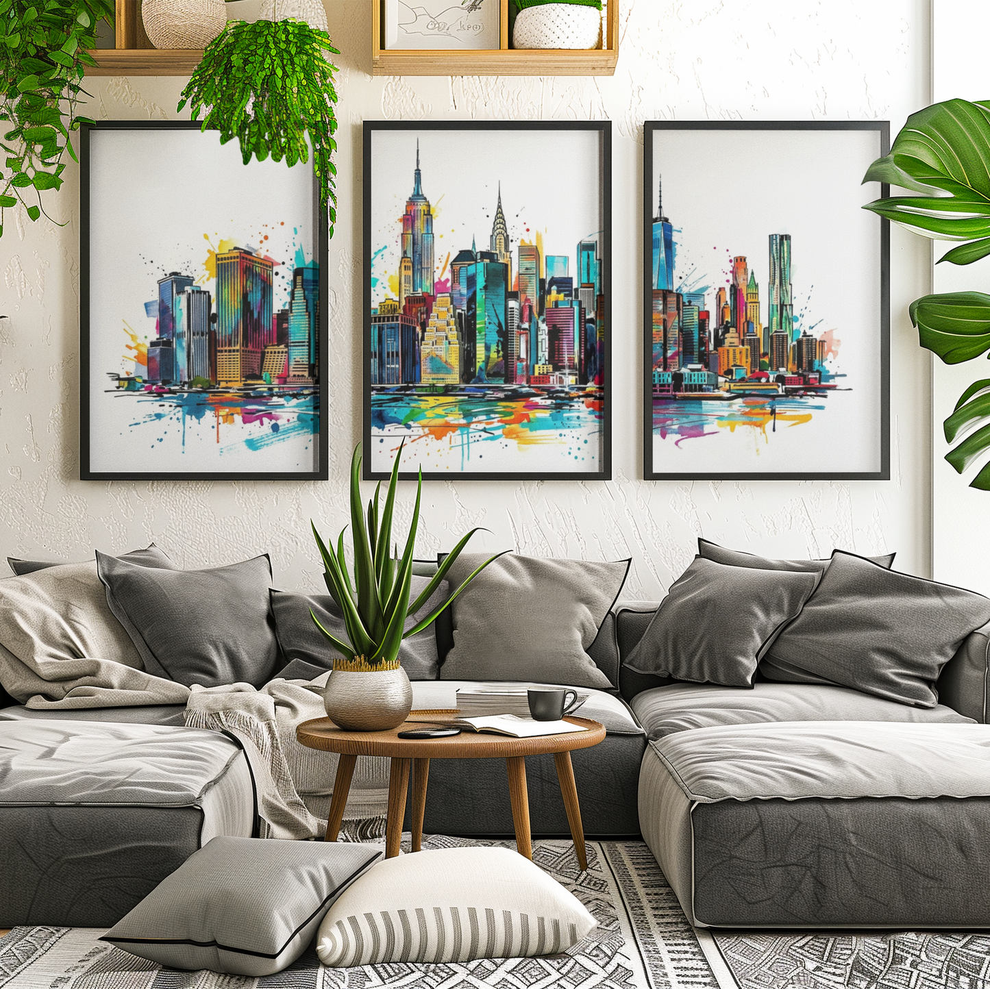 Manhattan Skyline Triptych Art Print – One Image Across Three Panels | Modern Coloursplash New York Cityscape