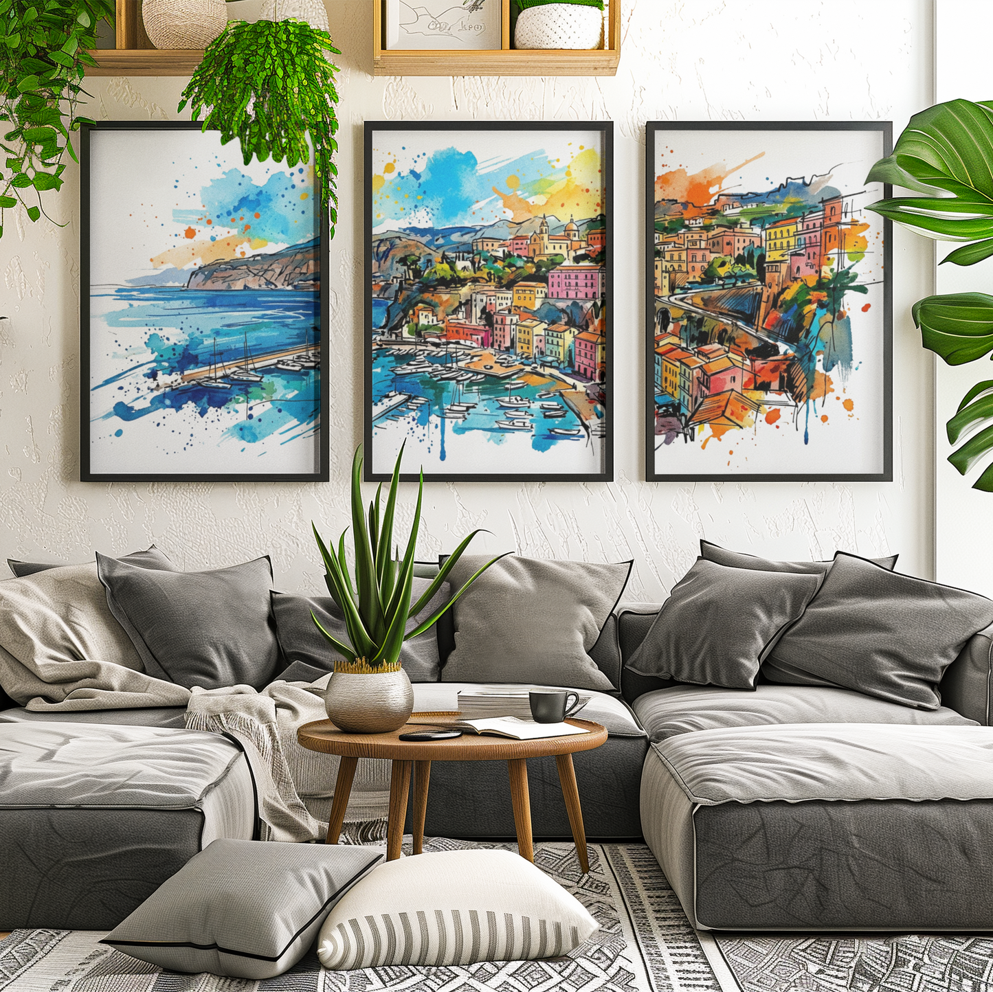 Sorrento Triptych Art Print – One Image Across Three Panels | Modern Coloursplash Mediterranean Coastline
