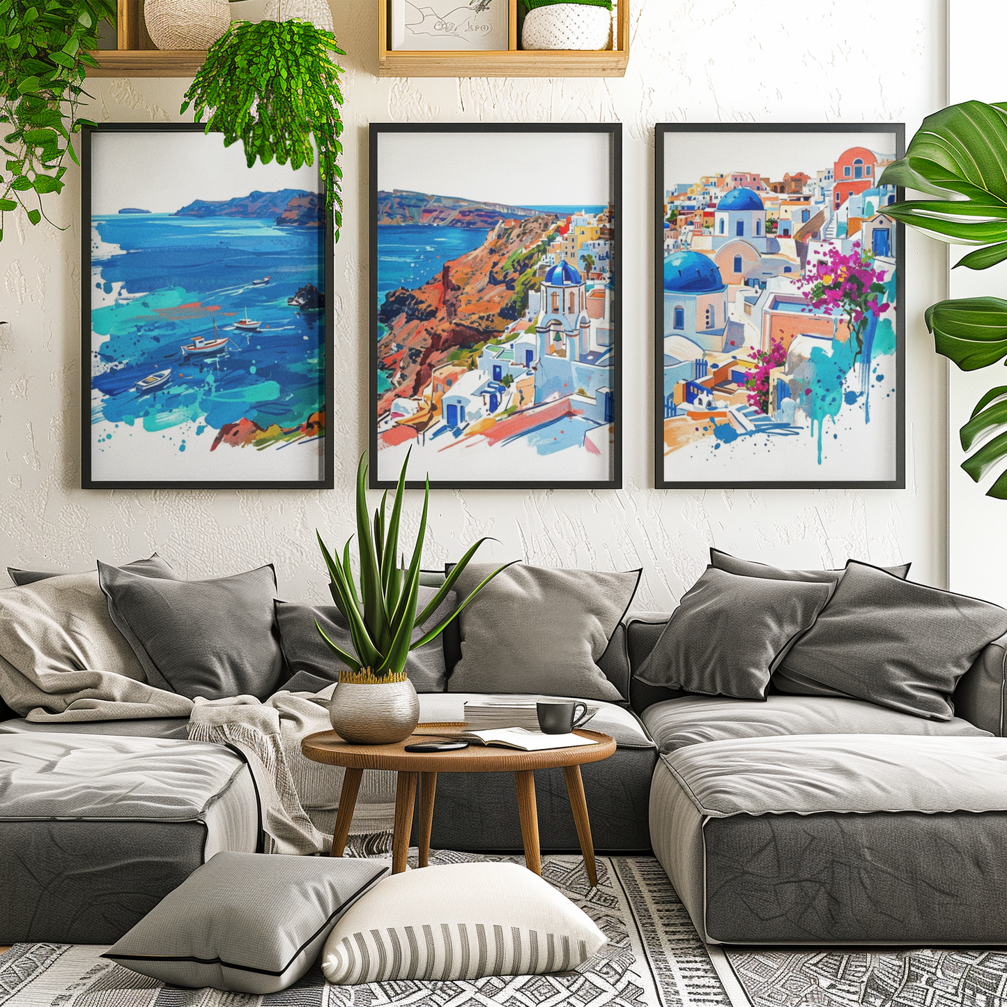 Santorini Triptych Art Print – One Image Across Three Panels | Modern Coloursplash Mediterranean Landscape