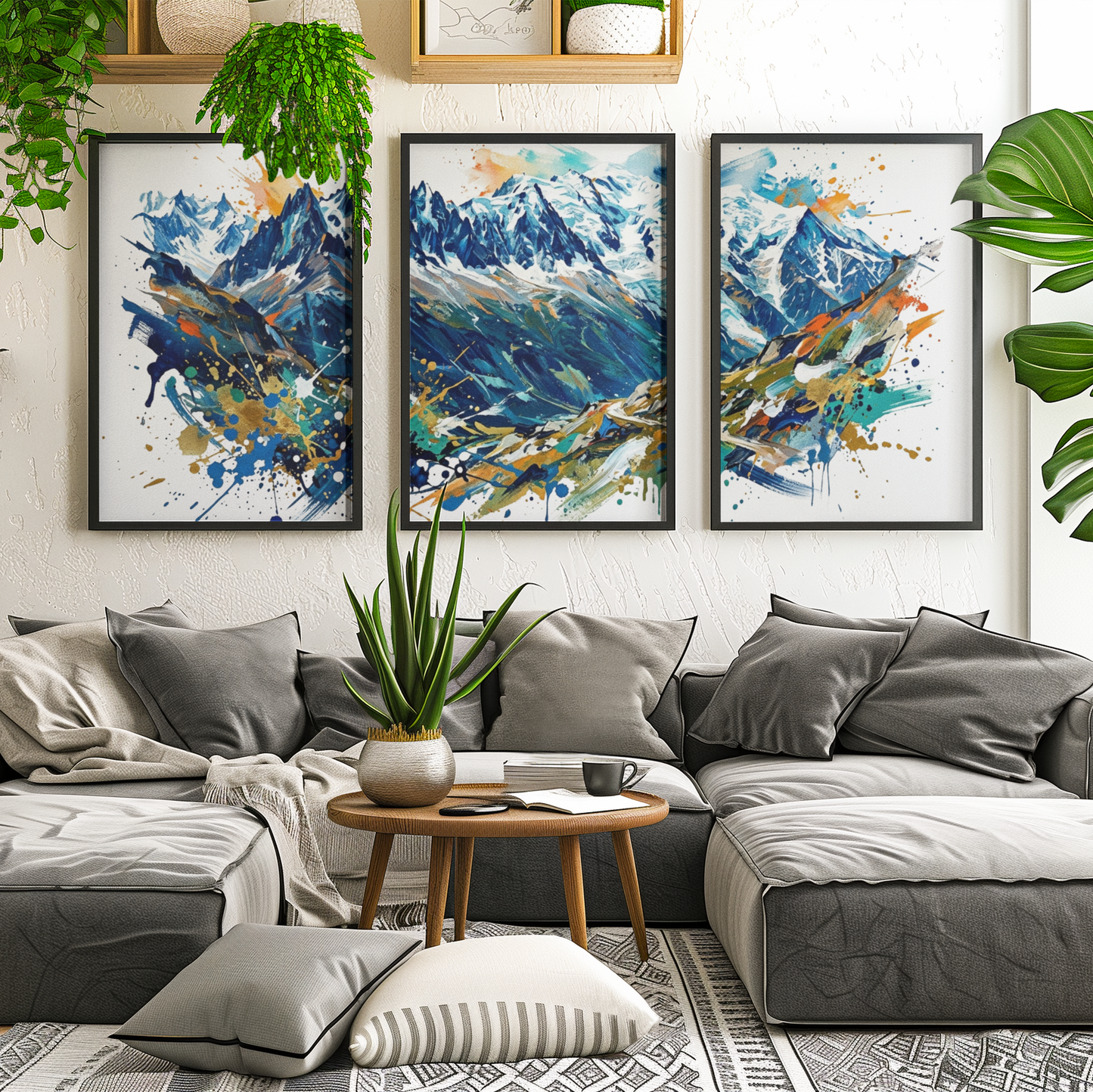 French Alps Triptych Art Print – One Image Across Three Panels | Modern Coloursplash Mountain Landscape
