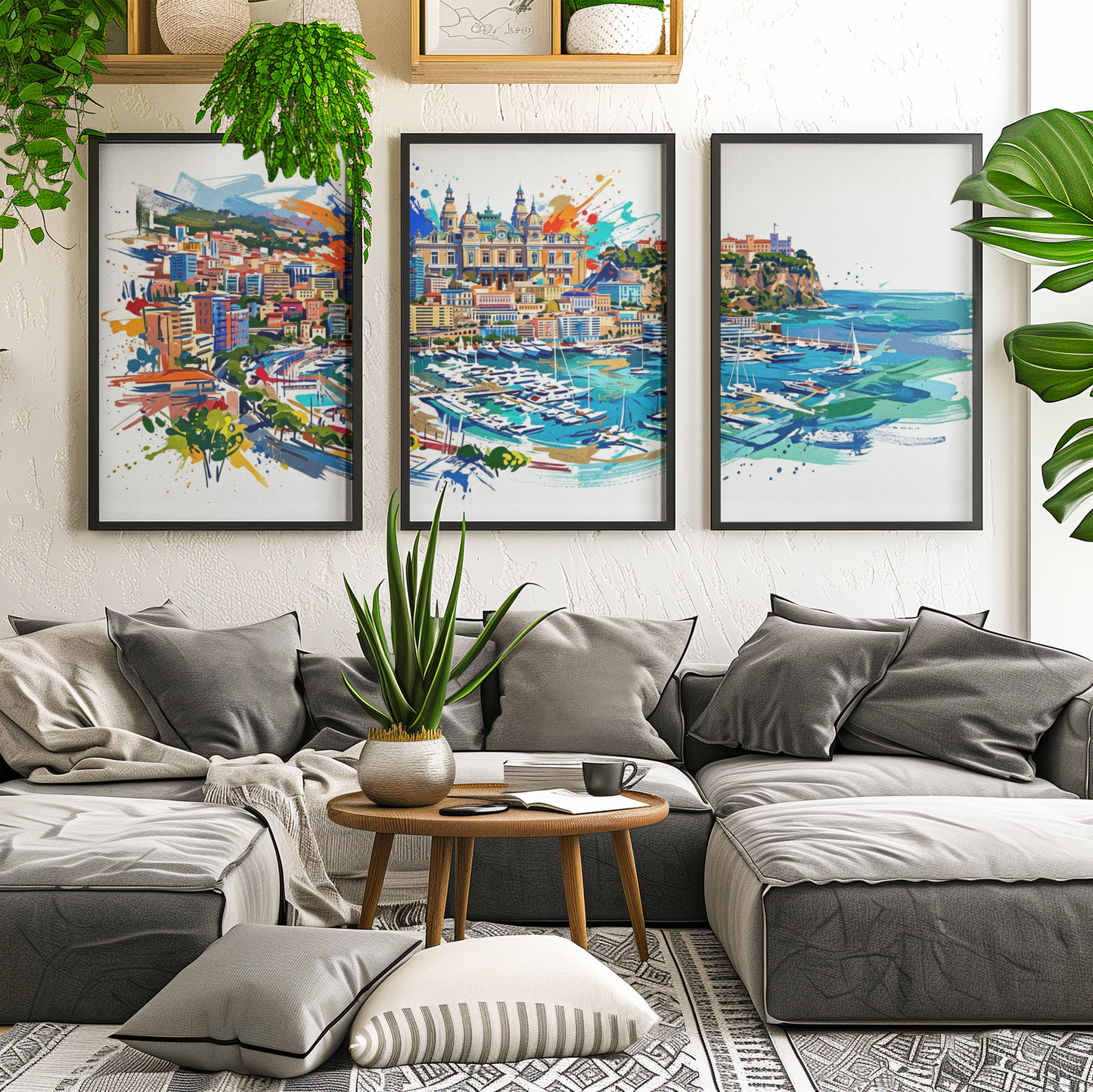 Monaco Triptych Art Print – One Image Across Three Panels | Modern Coloursplash Monte Carlo Coastline