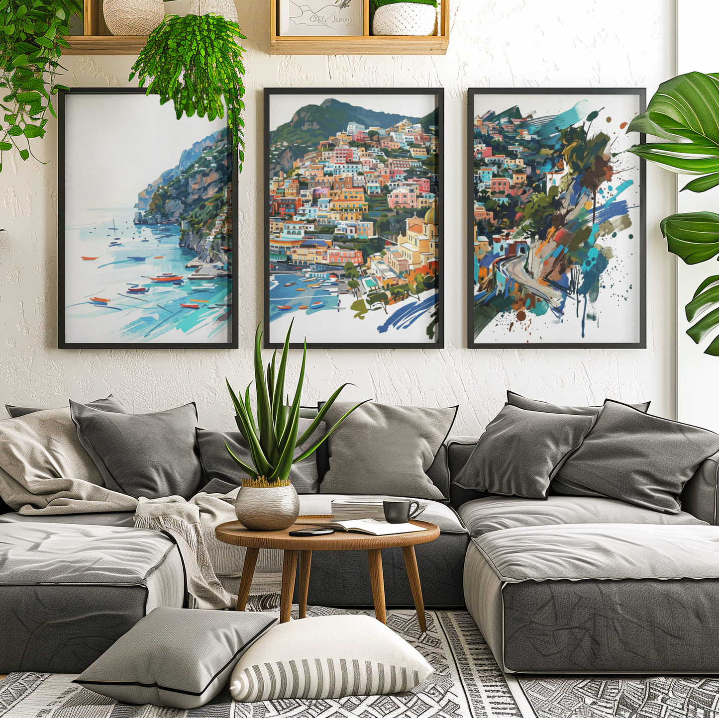 Positano Triptych Art Print – One Image Across Three Panels | Modern Coloursplash Mediterranean Coastline