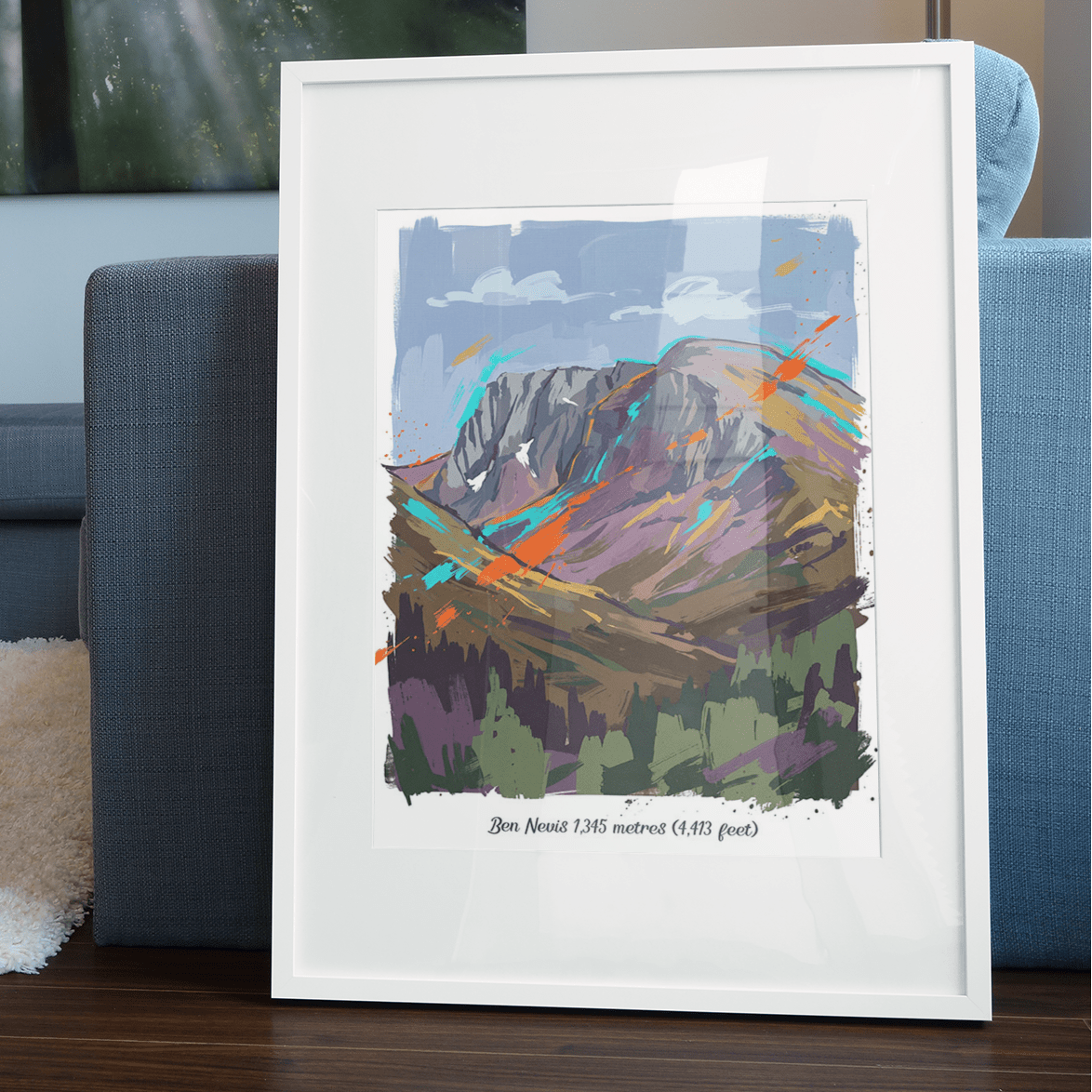 Framed abstract mountain art print with white frame, blue sky and colorful rocky peaks
