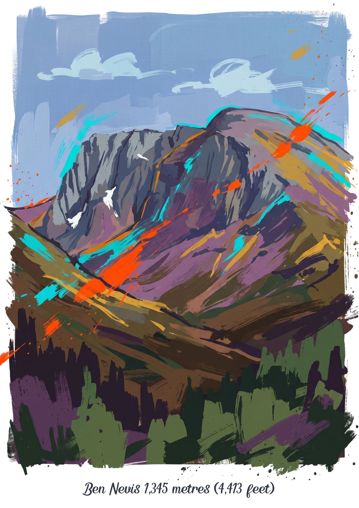 Abstract mountain art print on white background with blue sky and colorful peaks