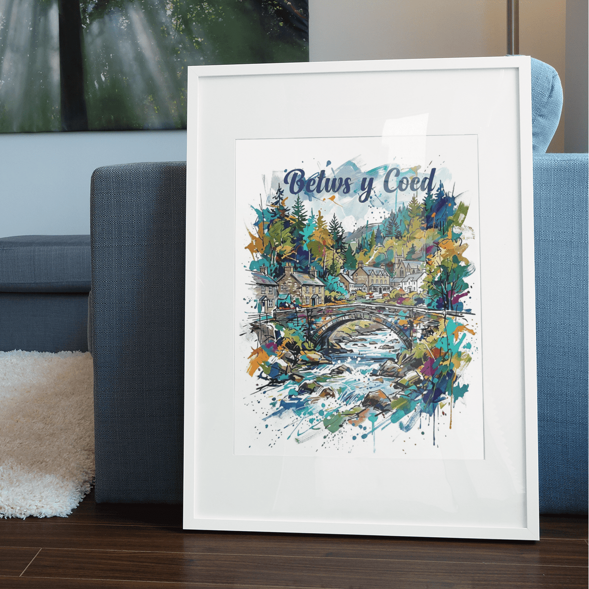 Betws‑y‑Coed Coloursplash Art Print — Expressive Stone Bridge, River & Village Landscape Illustration - Bella Leaf StudioPremium Art Prints