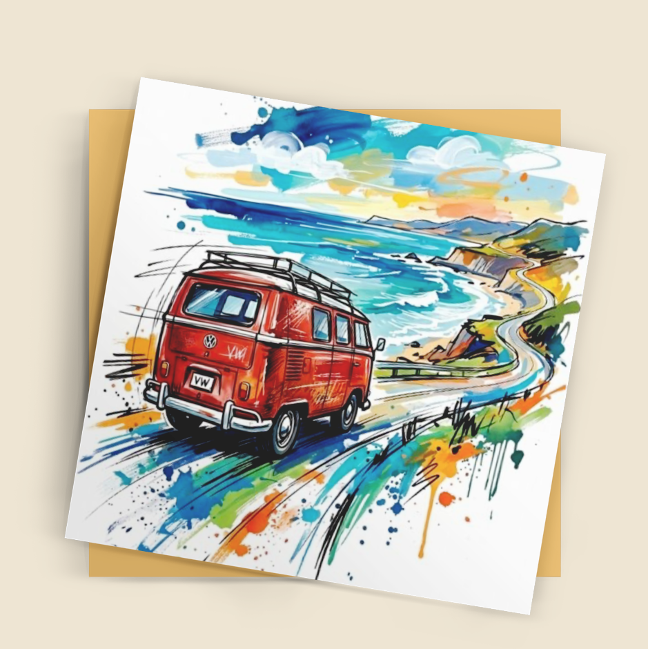 Coastal Camper Van Art Card – Contemporary Abstract Travel Scene - Bella Leaf StudioPremium Art Prints