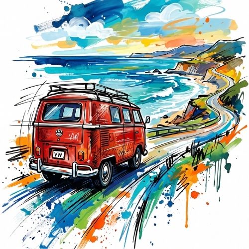 Coastal Camper Van Art Card – Contemporary Abstract Travel Scene - Bella Leaf StudioPremium Art Prints