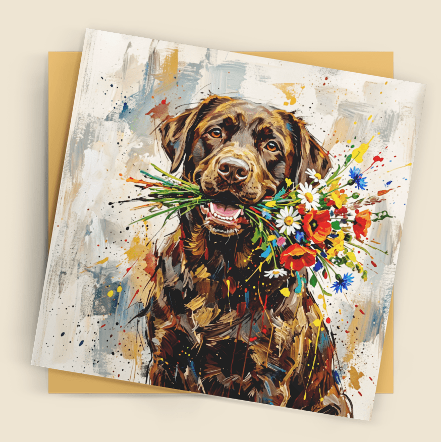 Dog with Flowers – Fine Art Greeting Card - Bella Leaf StudioPremium Art Prints