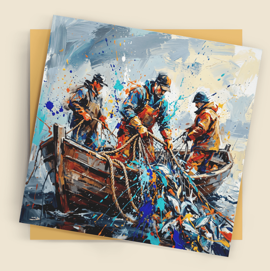 Fishing Boat Art Card – Contemporary Abstract Coastal Greeting Card (6x6) - Bella Leaf StudioPremium Art Prints
