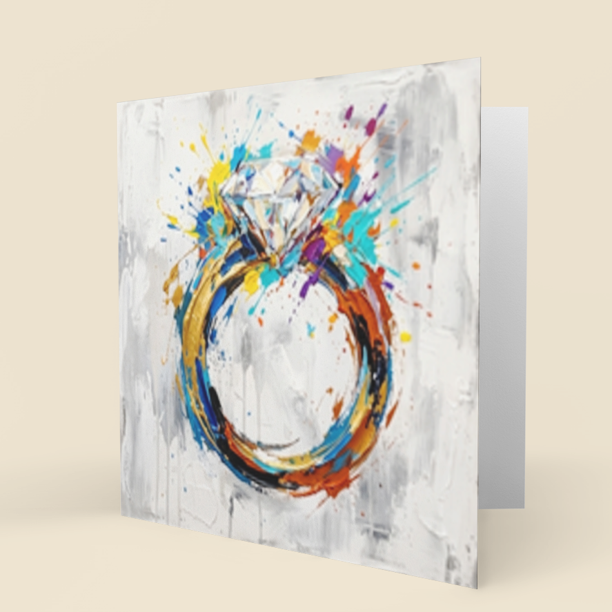 A square greeting card with a colorful abstract ring design, standing upright on a light beige background.