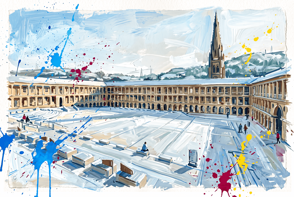 Wall art print of winter city skyline with blue and magenta paint splatter