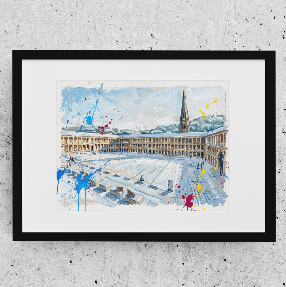 Framed wall art print with bright winter skyline and colorful paint splatters