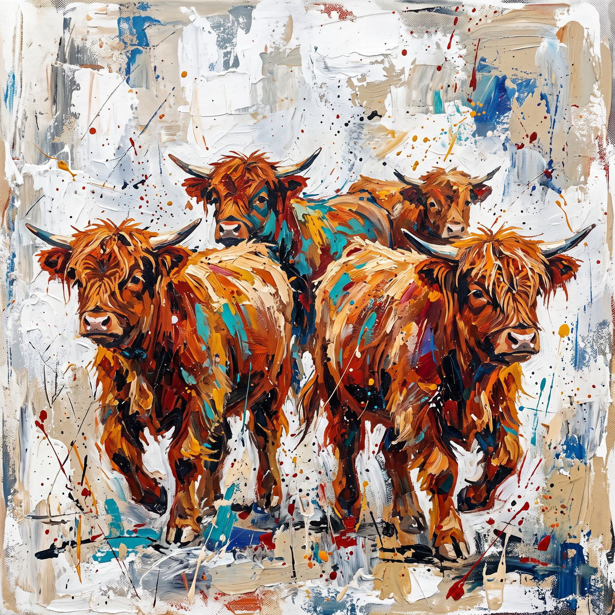 Highland Cows Art Card – Contemporary Abstract Greeting Card (6×6) - Bella Leaf StudioPremium Art Prints