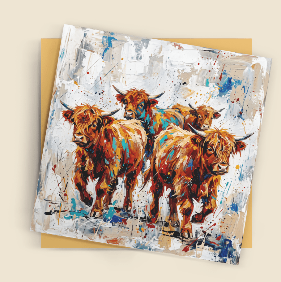 Highland Cows Art Card – Contemporary Abstract Greeting Card (6×6) - Bella Leaf StudioPremium Art Prints