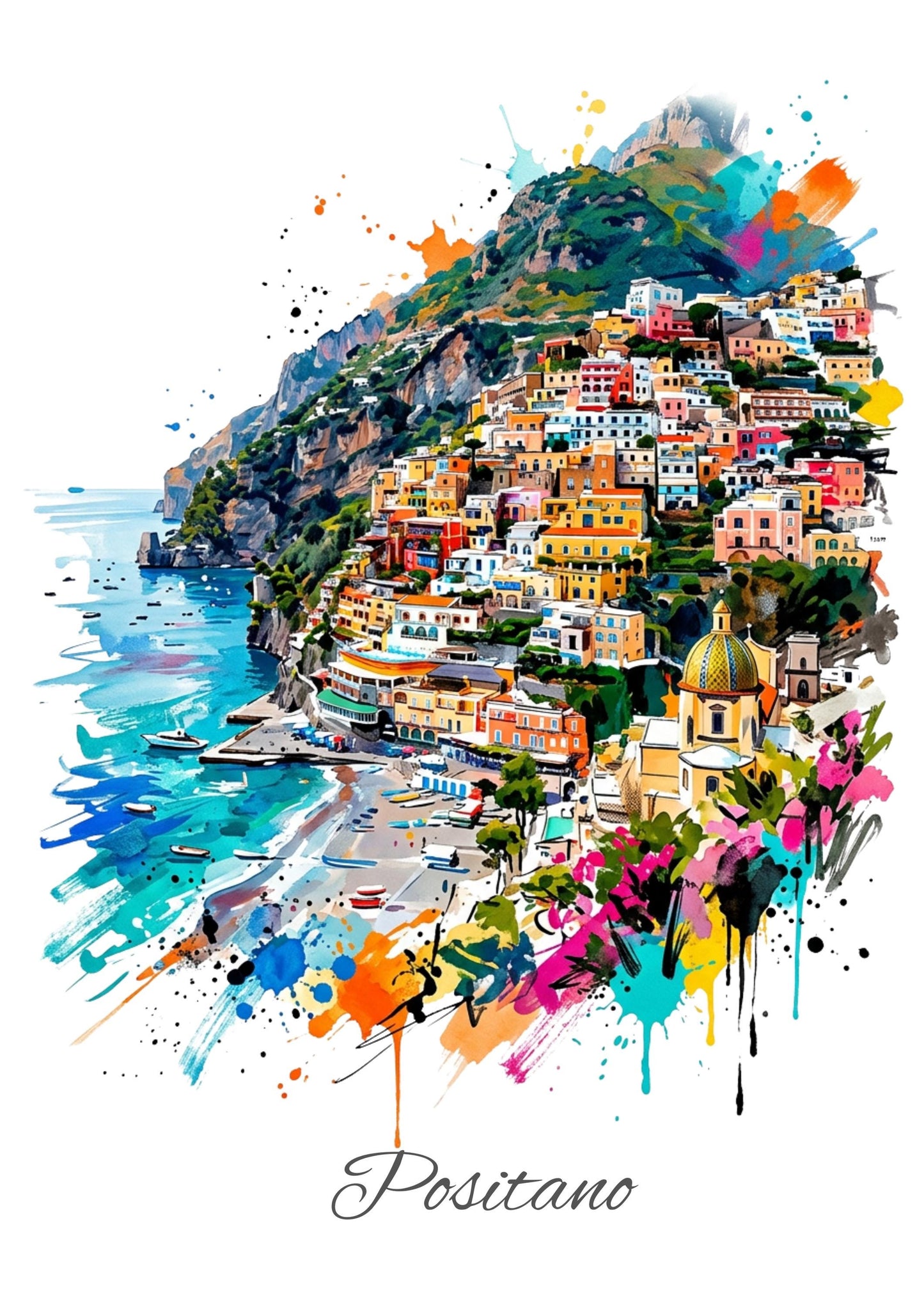 Positano Coloursplash Travel Print – Modern Amalfi Coast Wall Art