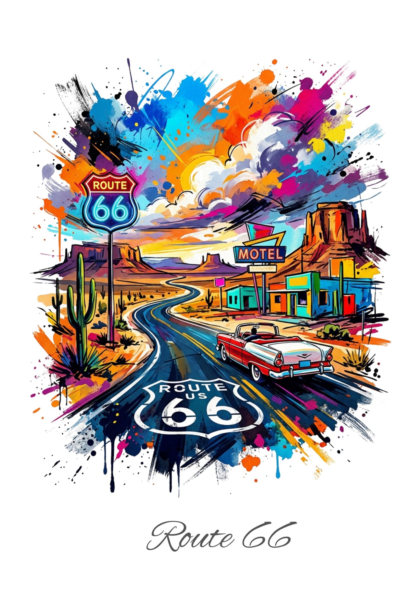 Route 66 Coloursplash Travel Print – Modern Americana Wall Art