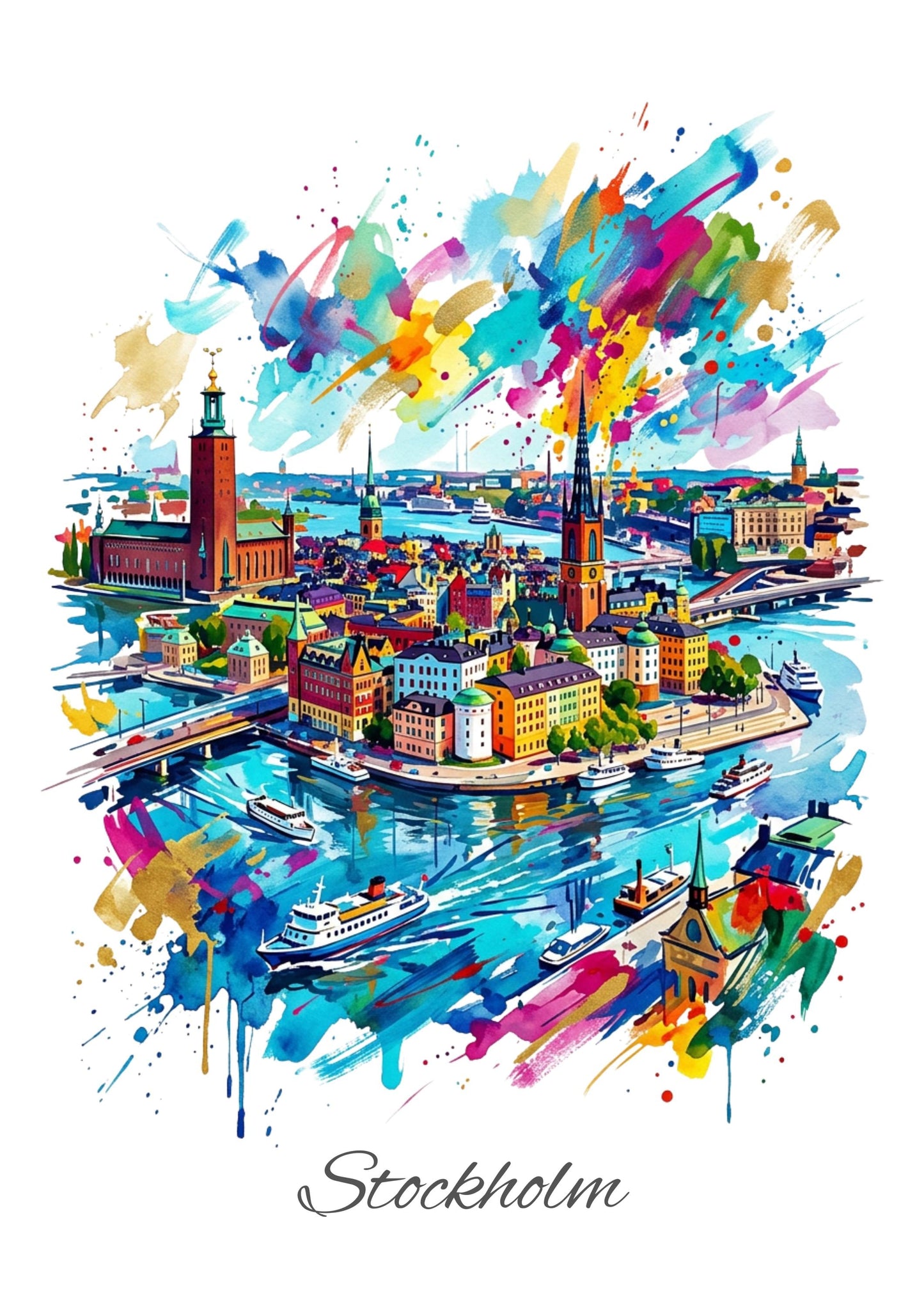 Stockholm Coloursplash Travel Print – Modern Sweden Wall Art