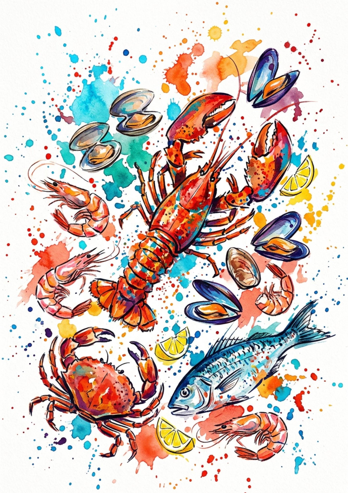 Seafood Feast Coloursplash Coastal Print – Modern Nautical Wall Art