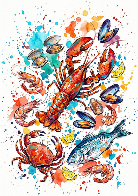 Seafood Feast Coloursplash Coastal Print – Modern Nautical Wall Art