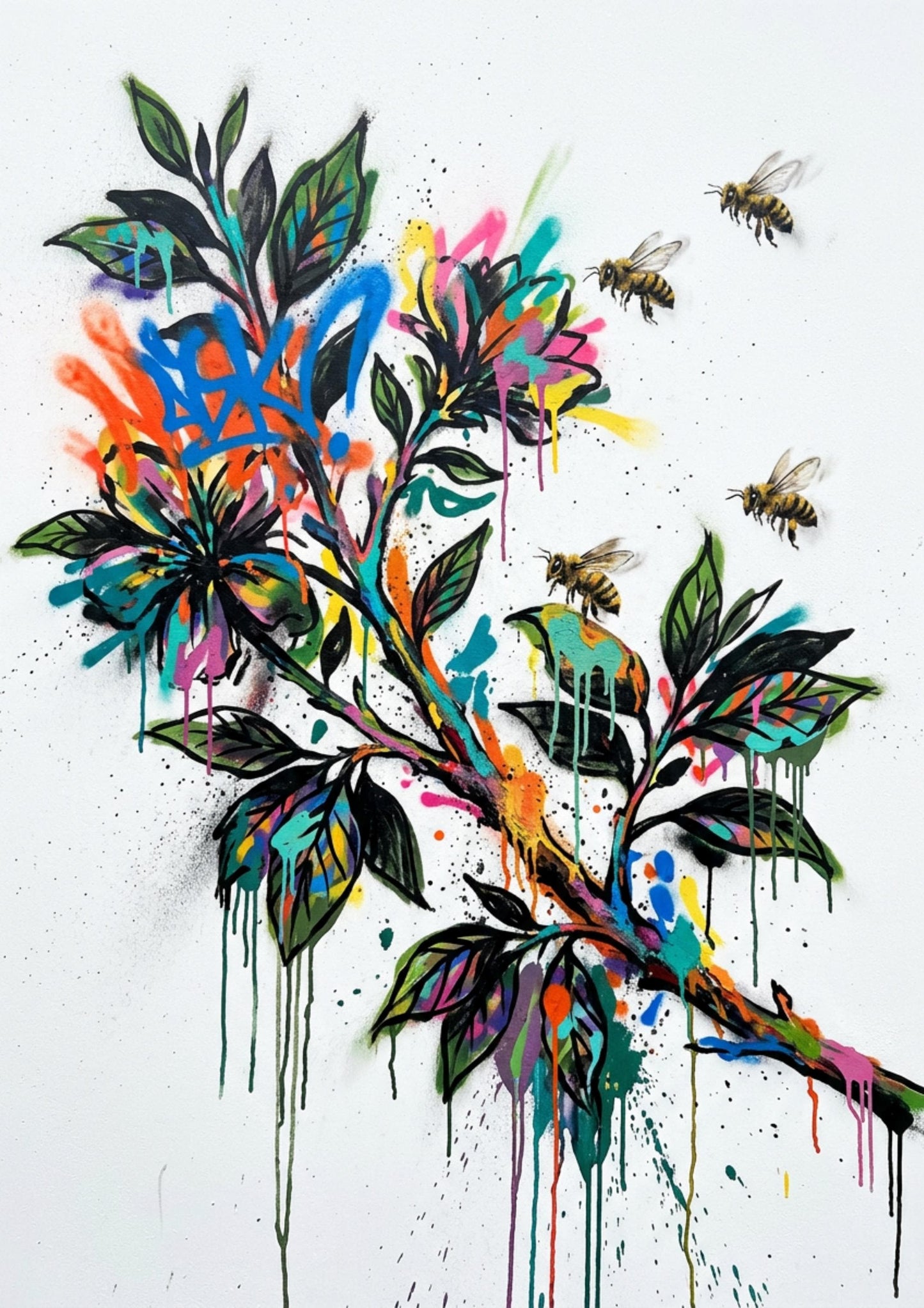 Bee & Blossom Art Print – Expressive Botanical Graffiti‑Style Wall Art