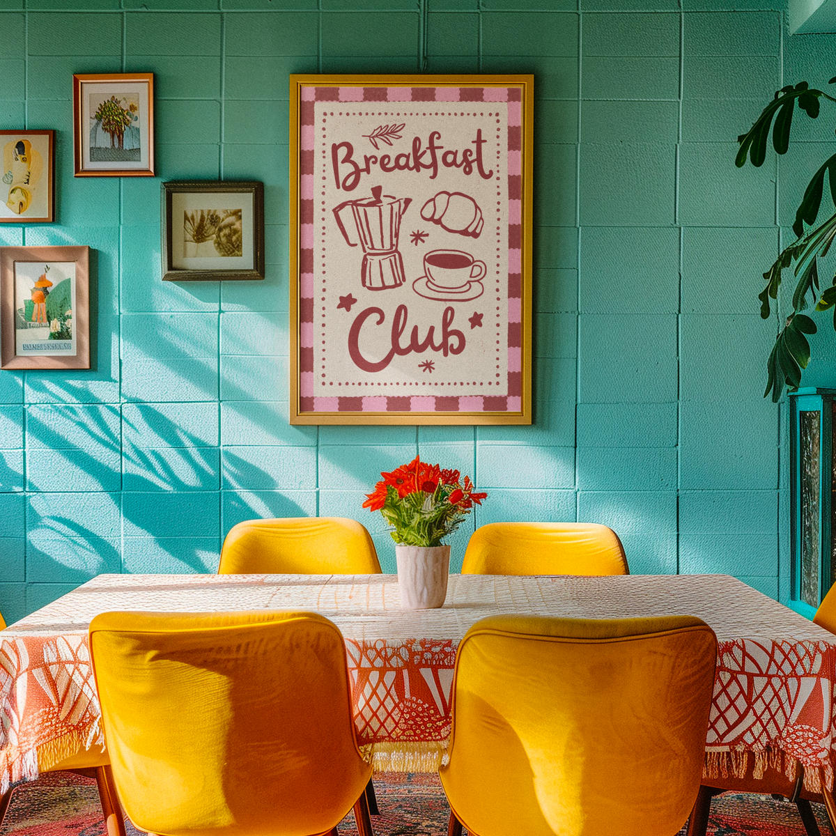 Framed coffee and croissant art print on wall with "Breakfast Club" text