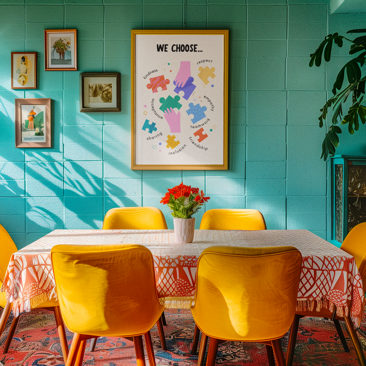 Framed kindness puzzle art print on wall above dining table with chairs