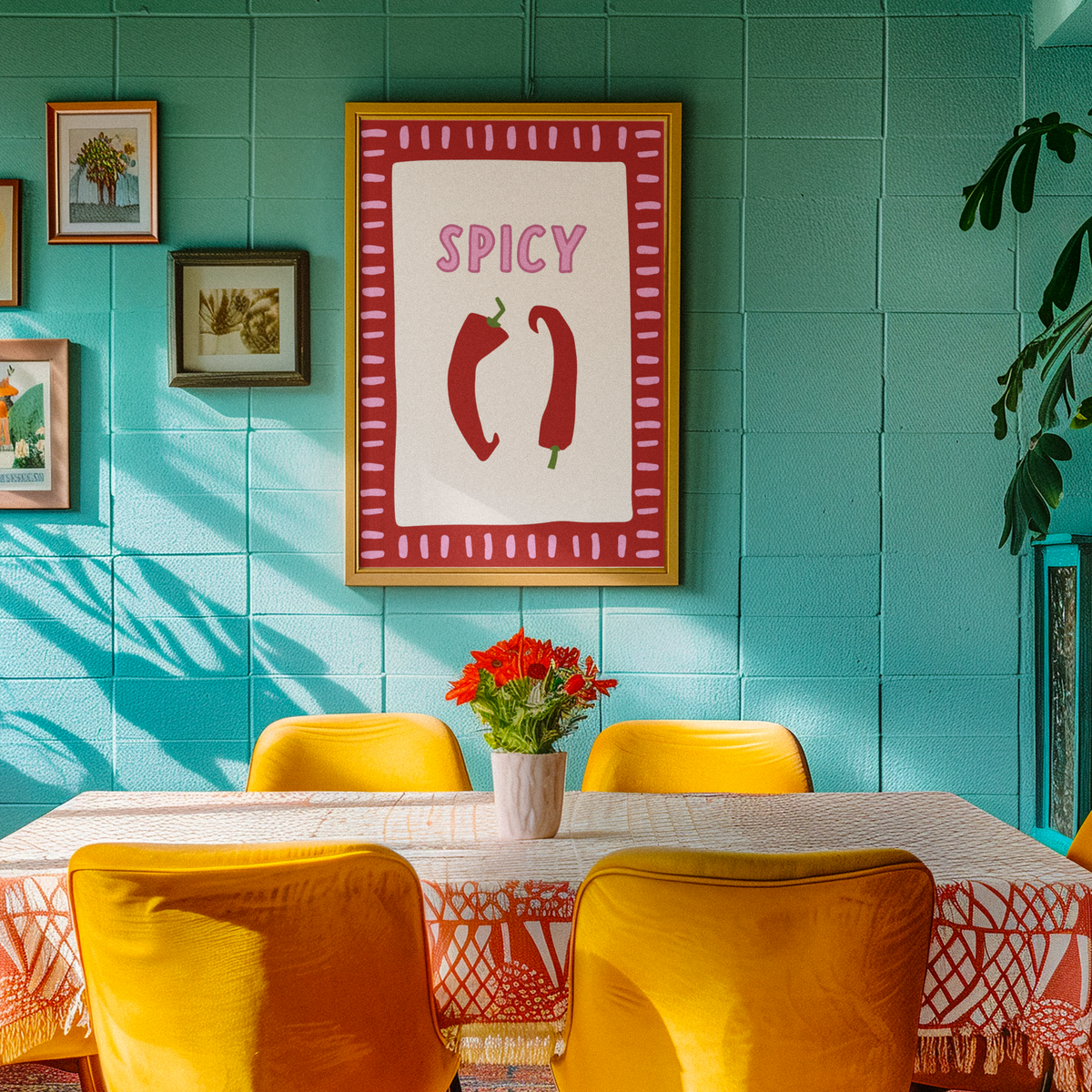 Framed chilli pepper art print with red border, pink SPICY text, and chili peppers