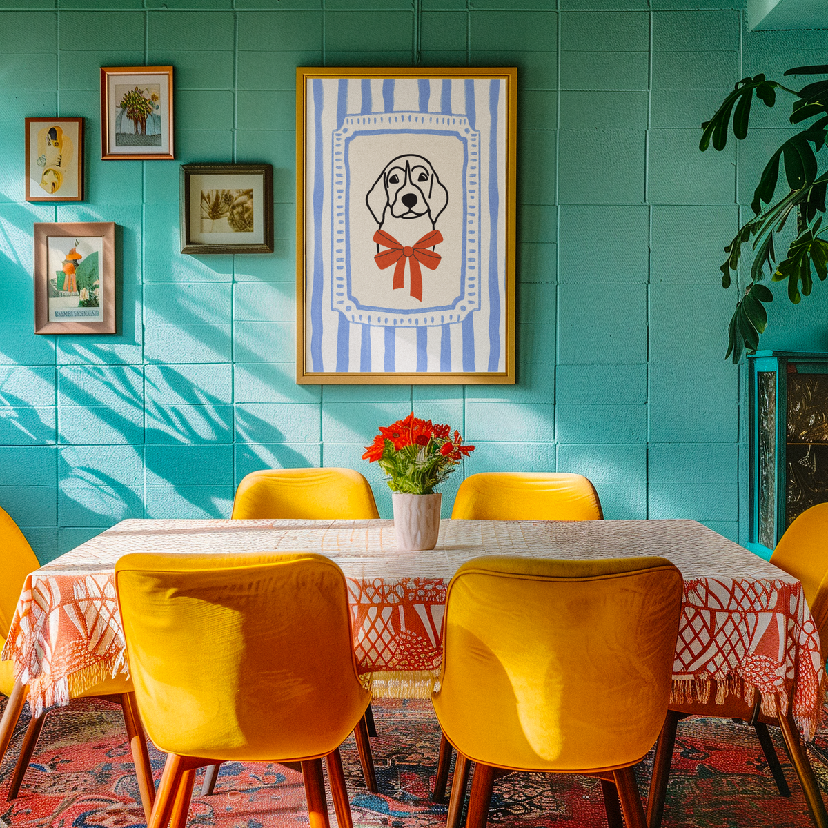 Framed dog art print with orange bow on wall above dining table